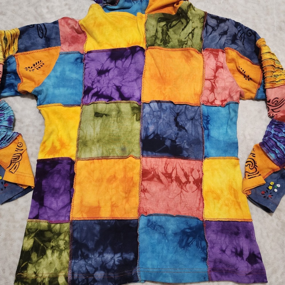 Rising International Hoodie XL Tie Dye Patchwork Sun Celestial Hippie Artsy Boho - Picture 4 of 12